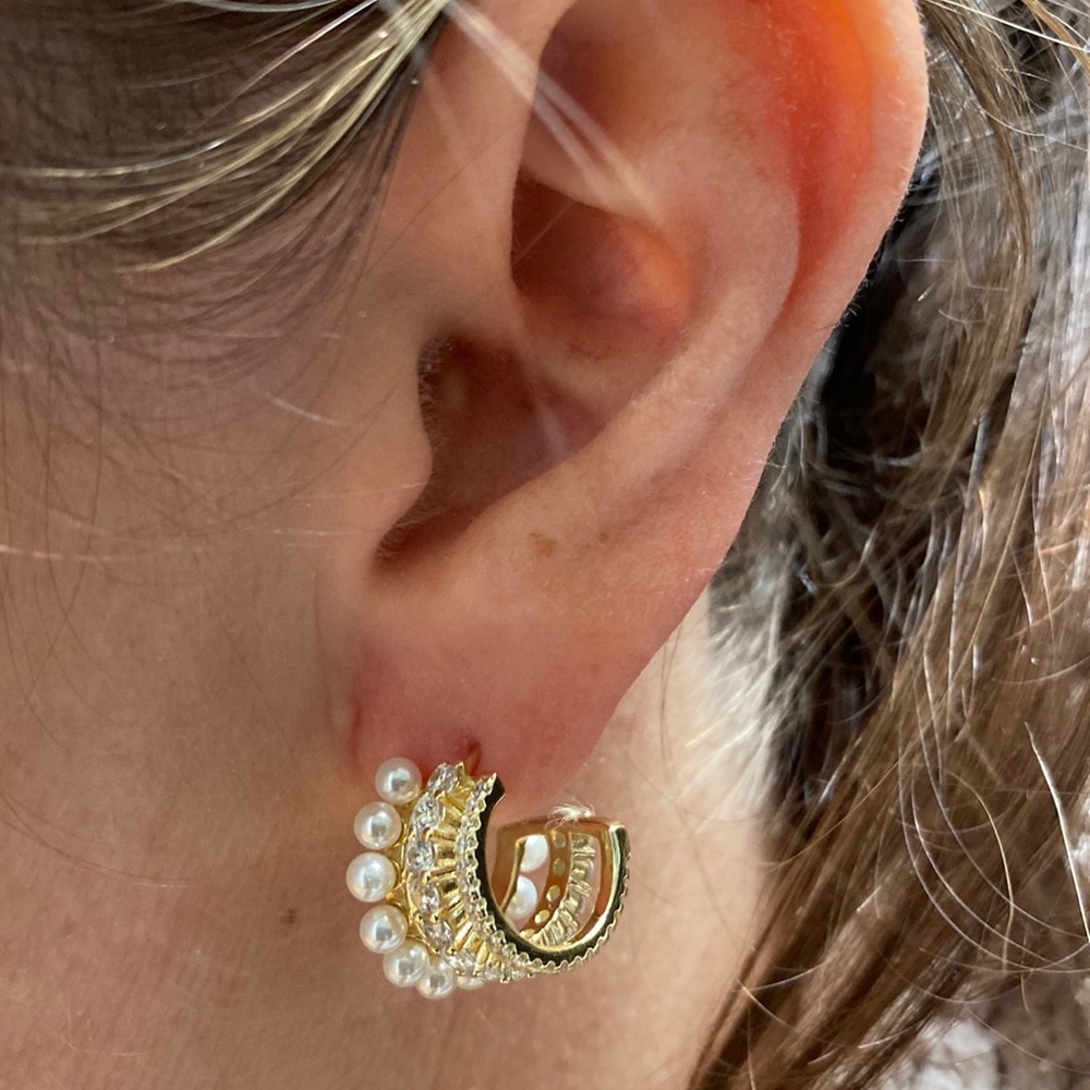 Gorgeous three hoops in one pearl Diamond and gold costume earrings